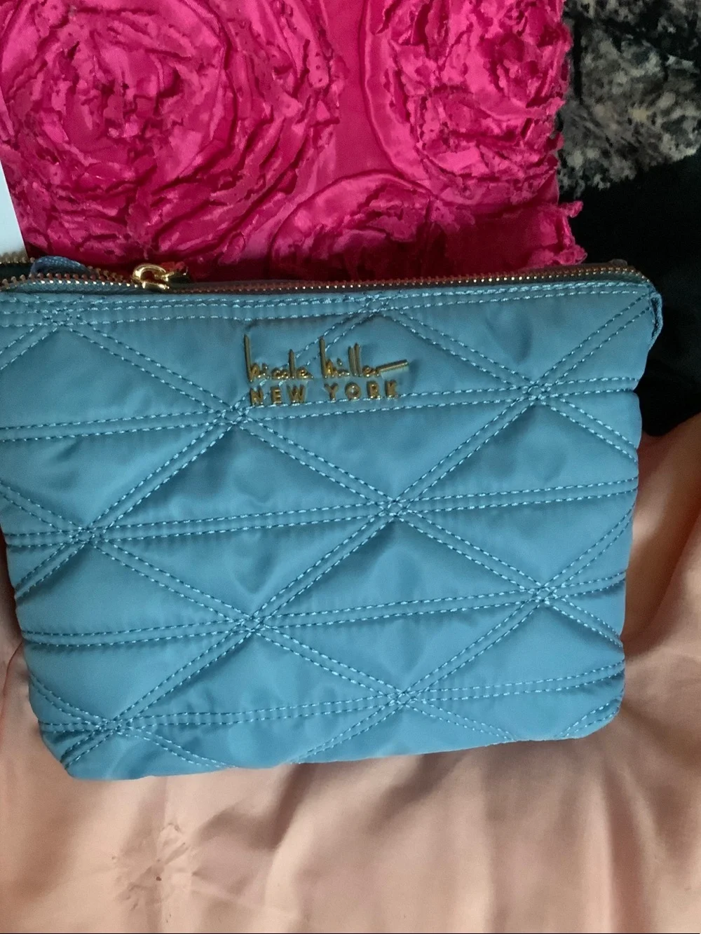Nicole Miller Sky Blue Quilted Cosmetic Bag with Gold Accent